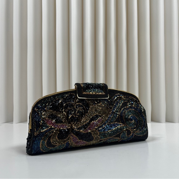 Handbags - Elegant Beaded Clutch with Gold Accents